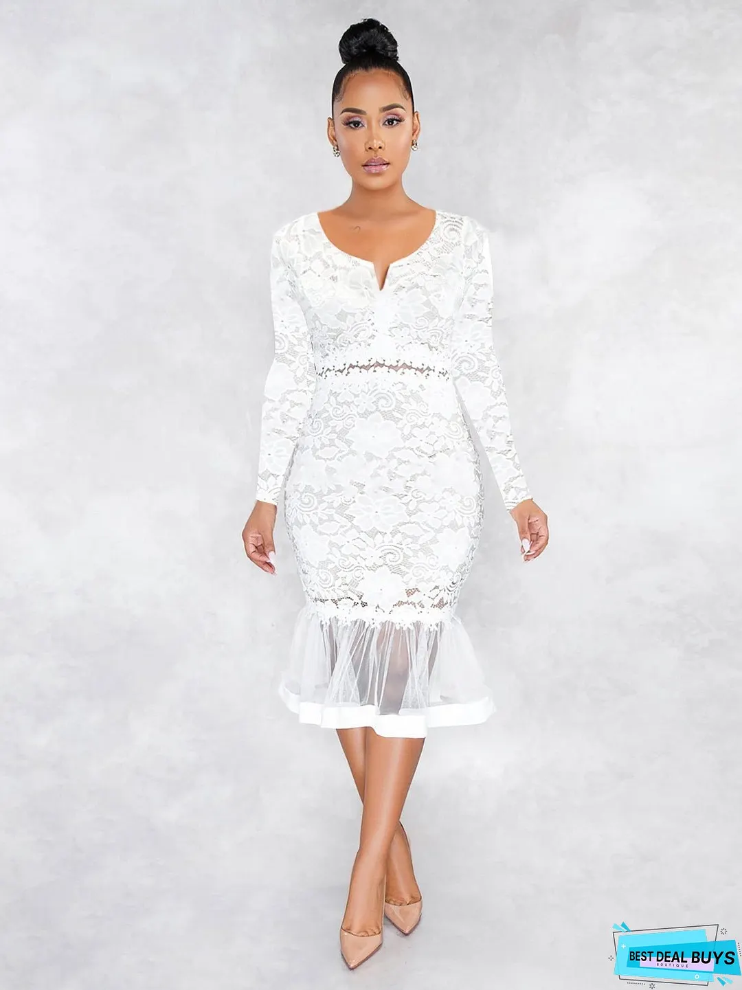 V-neck long sleeve lace fishtail hem dress