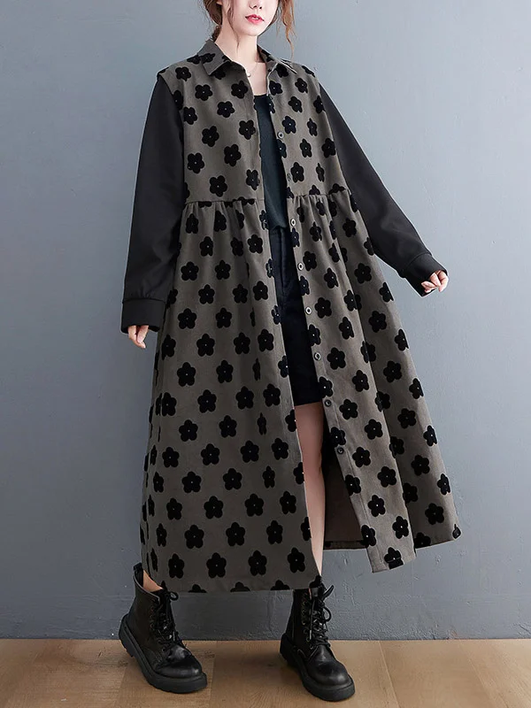 Artistic Retro Loose Flower Printed Pleated Buttoned Lapel Collar Long Sleeves Midi Shirt Dress