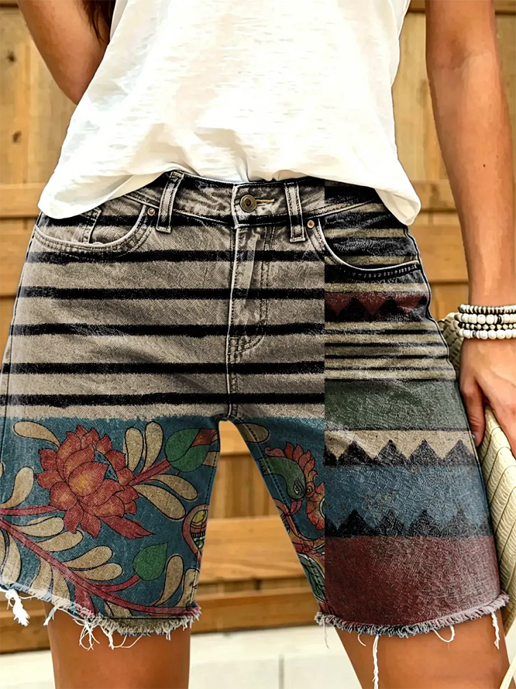 Women's Retro Bohemian-Style Totem Pattern Art Print Stylish Denim Shorts
