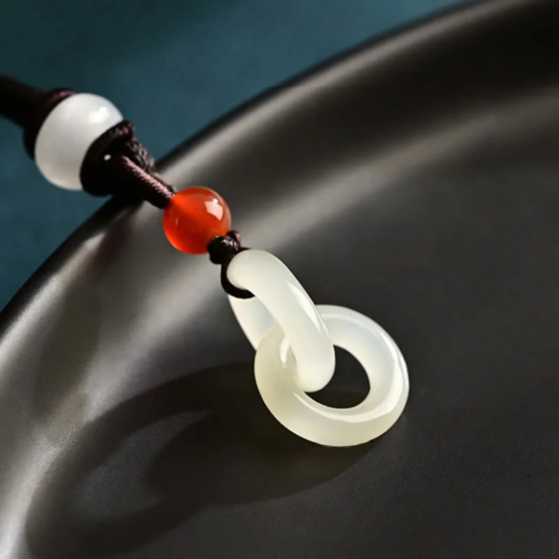 Hetian Cyan Jade White Jade Double Peace Buckle Success Pendant Necklace