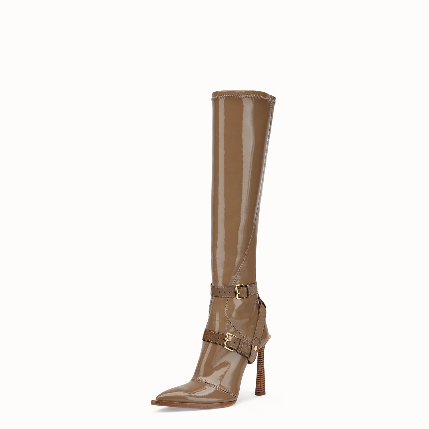 Stylish Patent Leather Pointed Toe Double Buckle Knee-Heel Boots