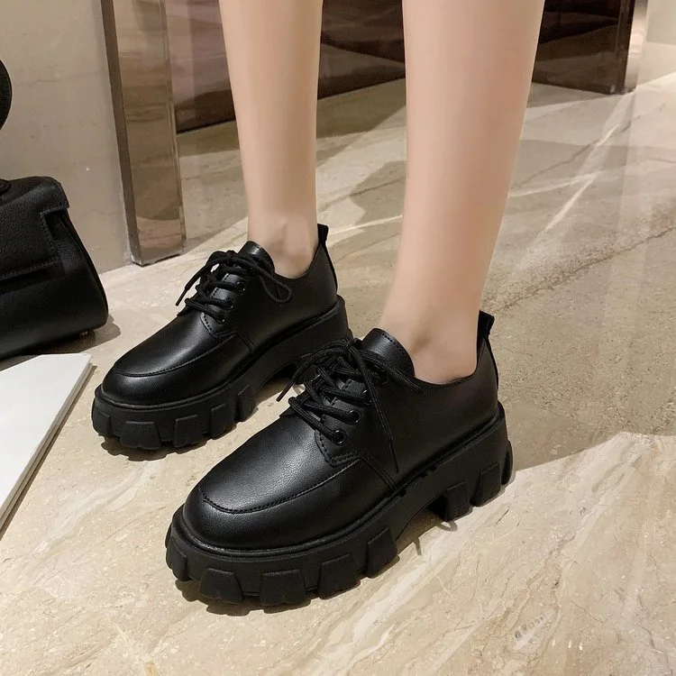 Breakj Leather Shoes Female 2020 New Wild Thick High Heel Retro Black Work Shoes Spring and Autumn Sponge Cake Low Single Shoes