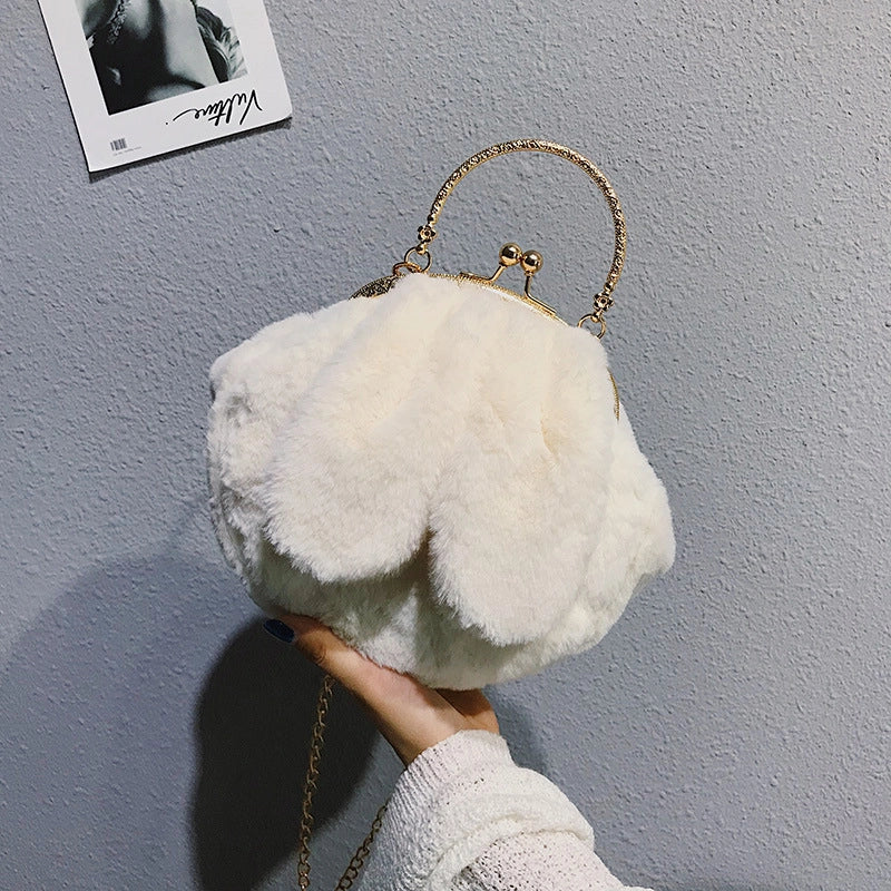 Women’s Plush Rabbit Solid Color Cute Round Lock Clasp Handbag Crossbody Bag