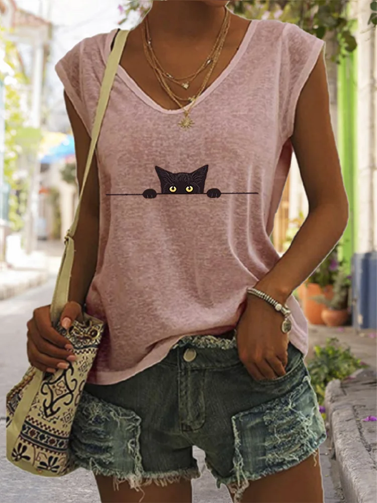 VChics Women's Casual Black Cat Print Vest