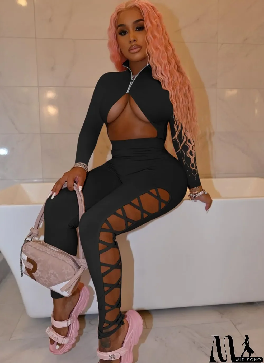 MidiSono - Autumn Black Sexy Cut Out Lace-Up Party Jumpsuit