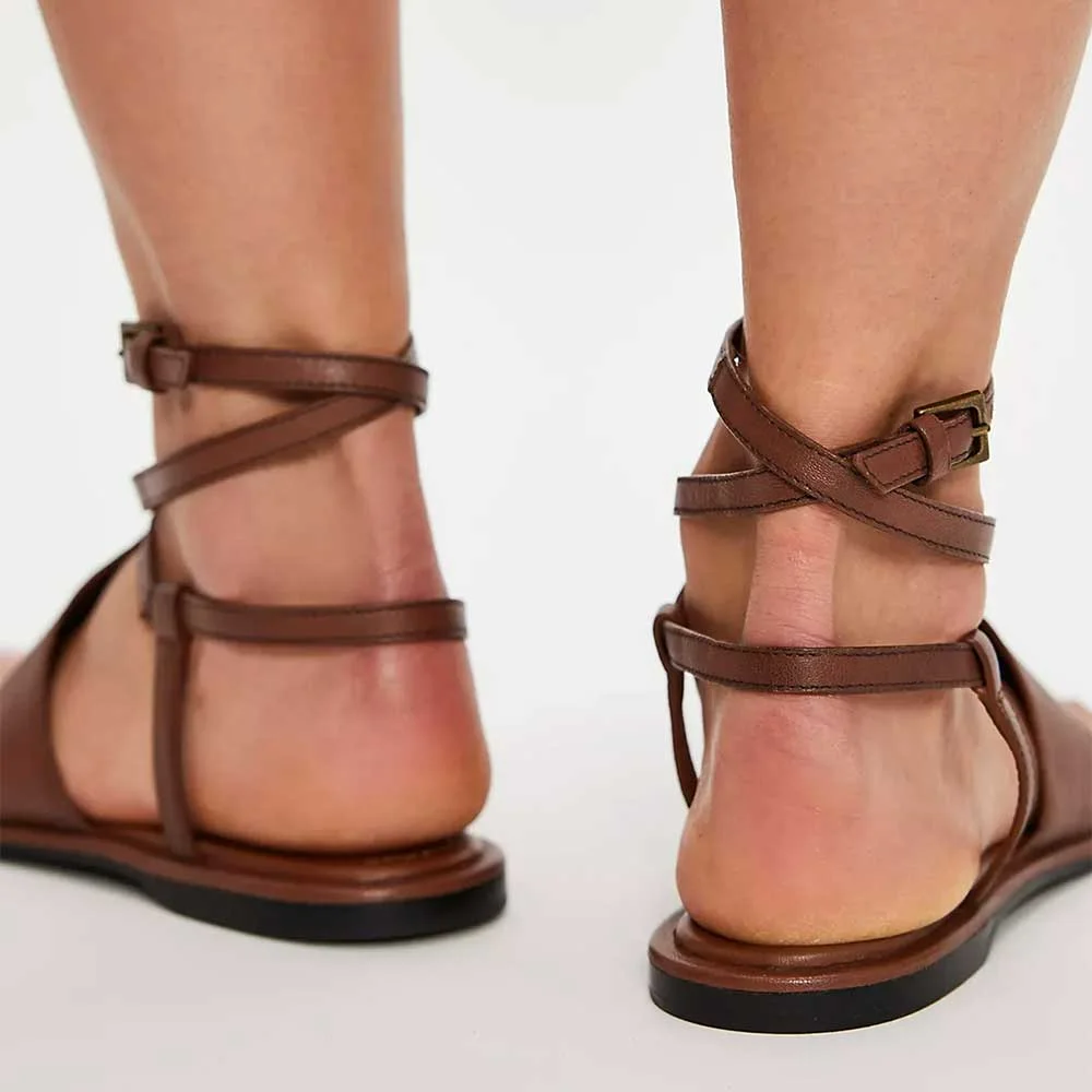 Chic Brown Square Toe Flat Ankle Strap Toe Ring Sandals with Buckle