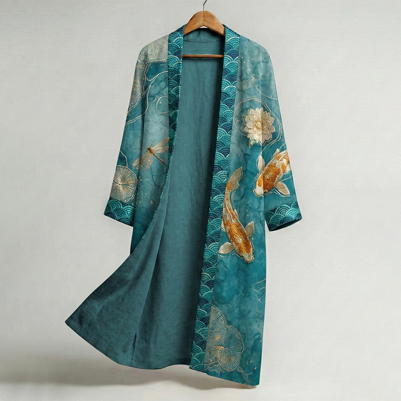 Men's Retro Fish Art Print Linen Long Kimono  artssus