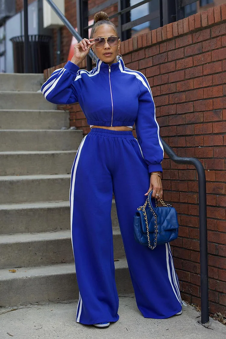 Colorblock Stripe Jacket Wide Leg Pants Casual 2pcs Set-Blue