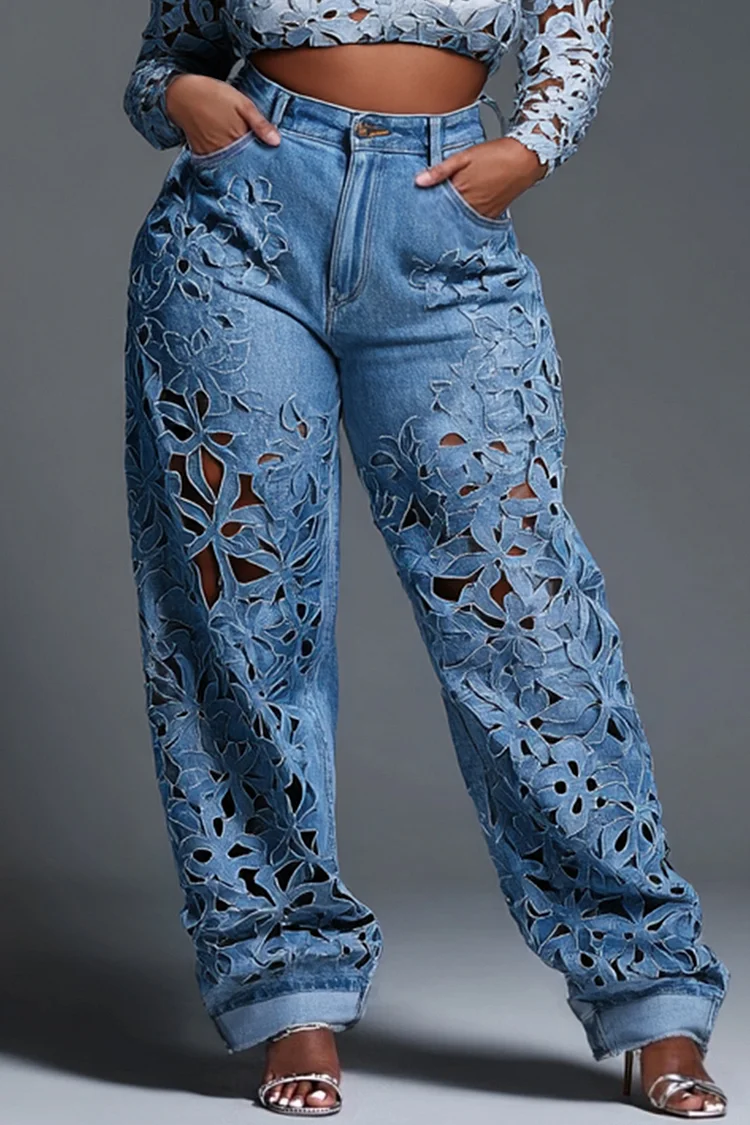 Xpluswear Design Plus Size Party Blue Cut Out Pocket Denim Jeans [Pre-Order] 2024 - Xpluswear