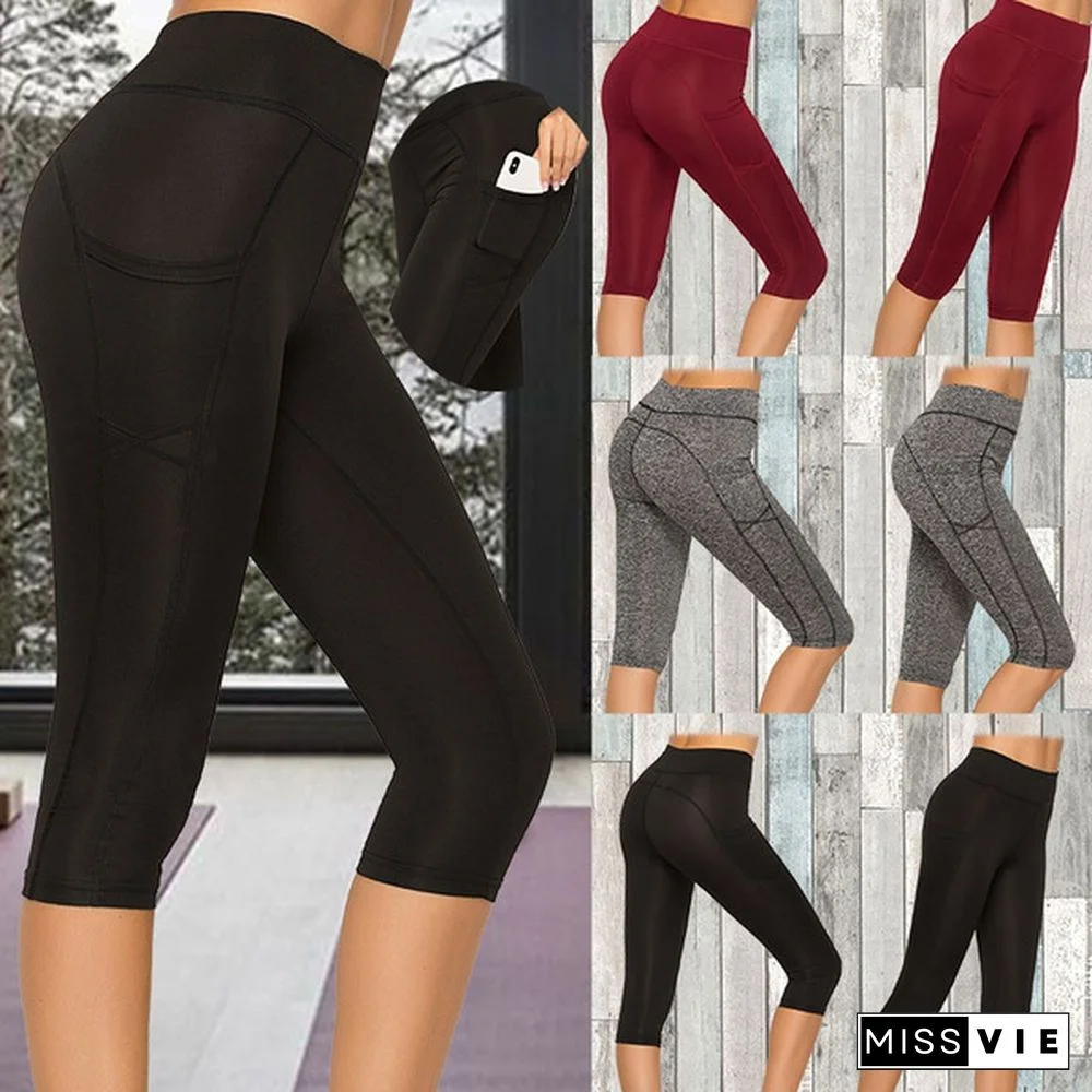 3/4 Women Yoga Pants Leggings Fitness Gym High Waist Pocket Sportwear Jogger Pant