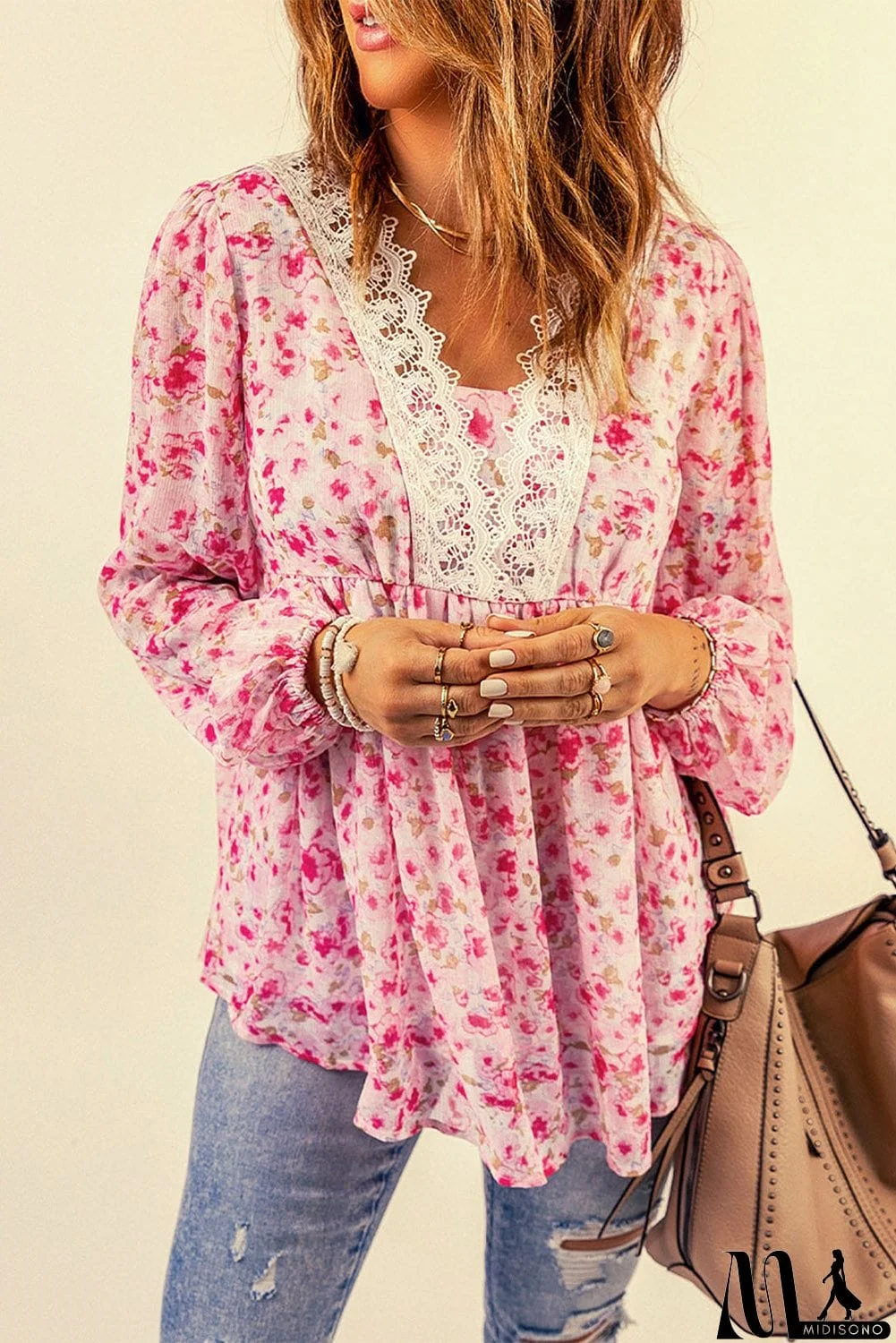 MidiSono - Floral Print Lace Patchwork V Neck Blouse