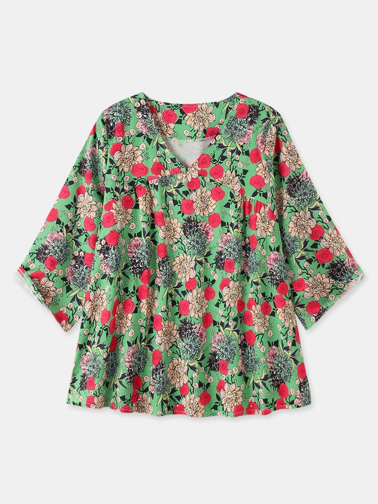 Calico Print V neck Loose Half Sleeve Casual Blouse For Women P1843240