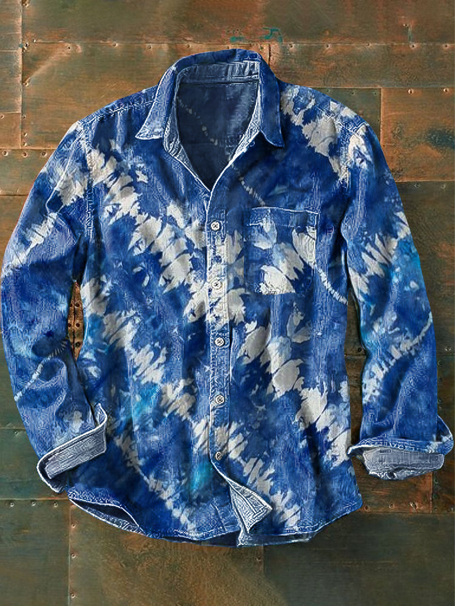 Men's Vintage Abstract Tie-Dye Line Pattern Long Sleeve Pocket Shirt