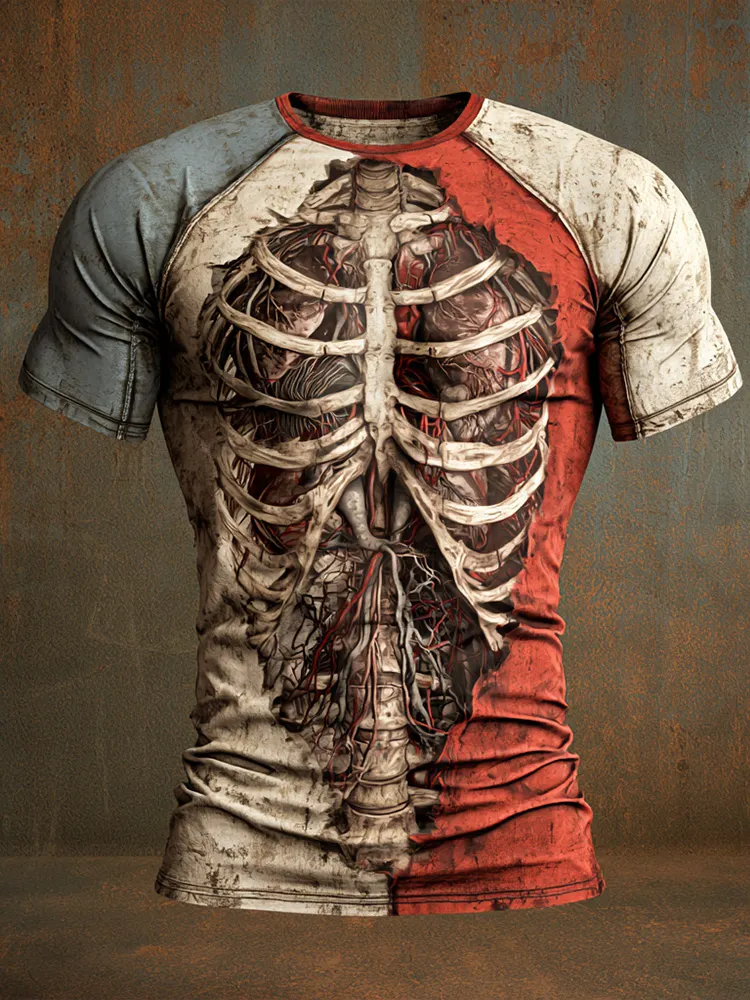 Men's Halloween Distressed Organ Art Print Vintage Crewneck T-shirt
