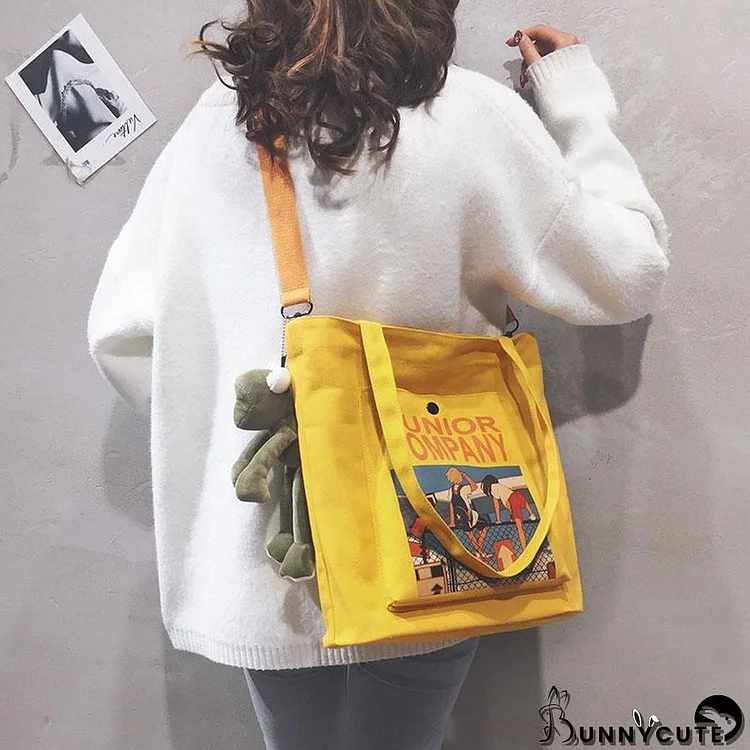 Cartoon Print Canvas Bag with Cute Froggy Pendant JUNIOR COMPANY Letter