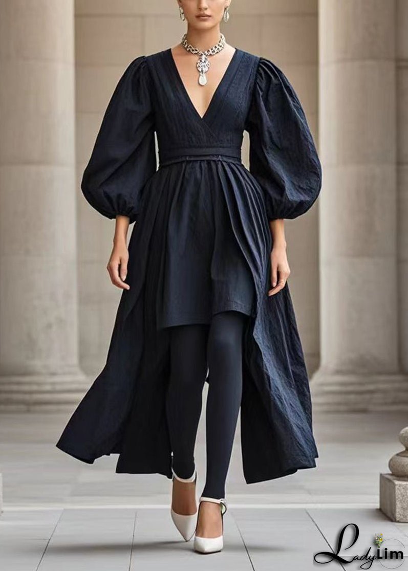 French Black V Neck Asymmetrical Cotton Dress Puff Sleeve