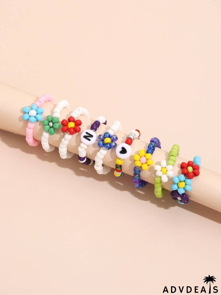 9pcs Letter Bead Decor Ring