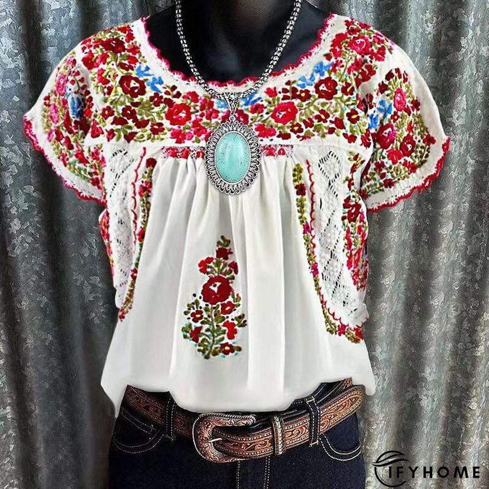 Women's T shirt Tee White khaki Floral Print Short Sleeve Holiday Weekend Basic Round Neck Regular Floral Painting S | IFYHOME