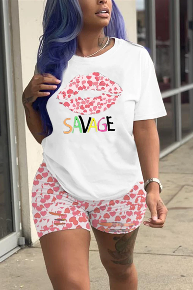 Pink Fashion Casual Printed Short Sleeve Shorts Set | EGEMISS