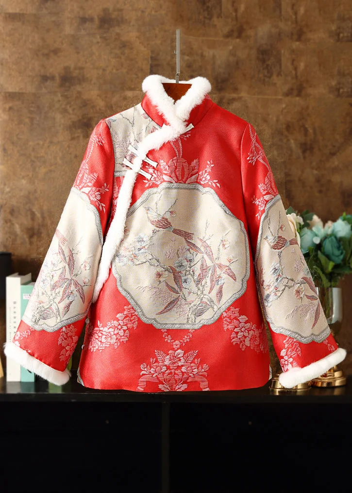 Chinese Style Red Fur Collar Embroideried Patchwork Parka Winter