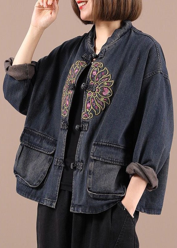 Boho Black Button Embroideried Pockets Fall Denim Jackets CK448- Fabulory