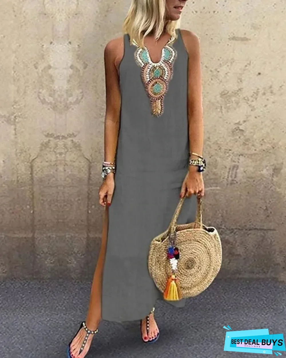 Women's Blazer Dresses Maxi Long Dress - Sleeveless Tribal Split Print Summer V Neck Plus Size Hot Casual Boho Holiday Beach White Yellow Wine Green Gray White Dresses