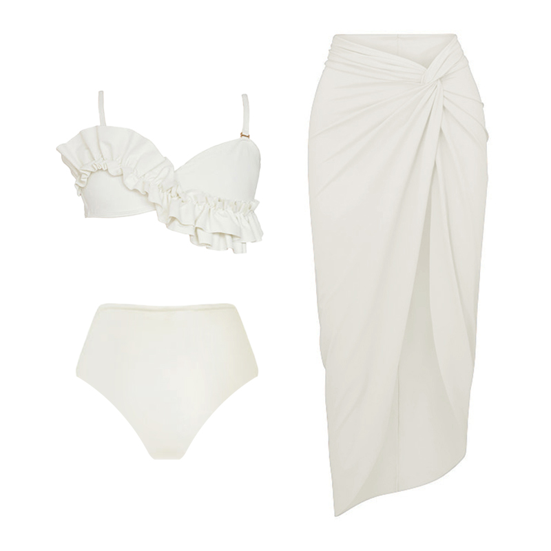 Ruffle Detail White Bikini Swimsuit and Sarong Flaxmaker