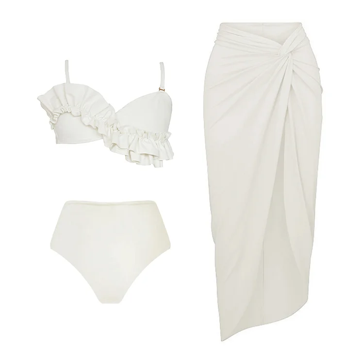 Ruffled Detail White High Waist Bikini Swimsuit and Sarong Flaxmaker