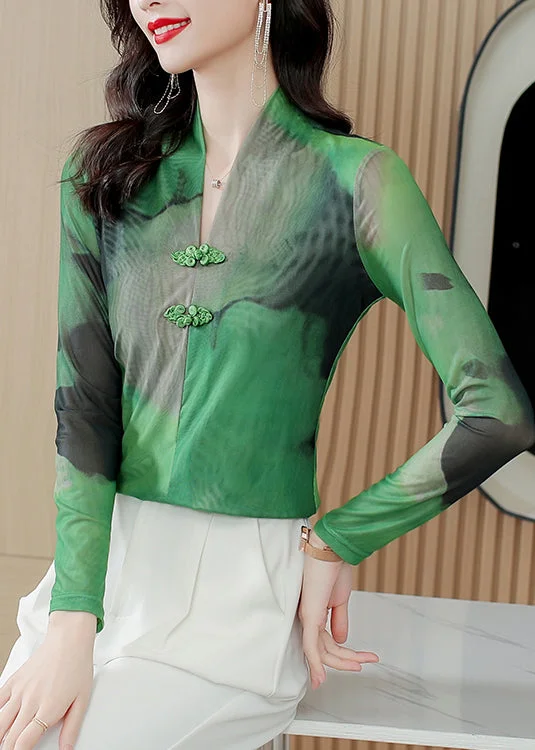 Boho Green V Neck Tie Dye Chinese Button Tulle Blouse Tops Spring
