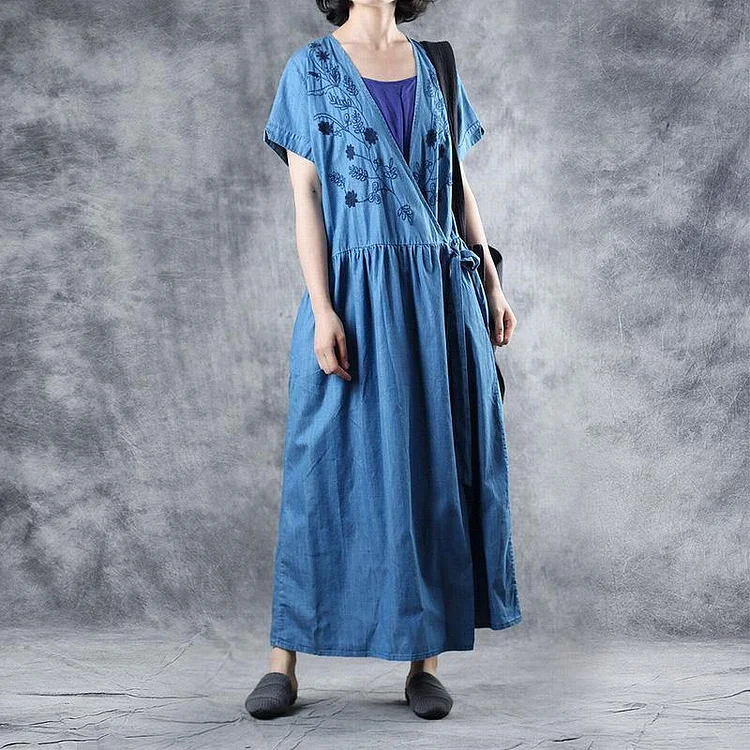 Beautiful blue cotton Tunic v neck embroidery loose summer Dresses