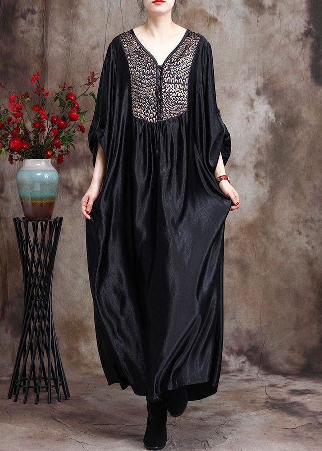 Plus Size Black Asymmetrical Print Silk Ankle Dress