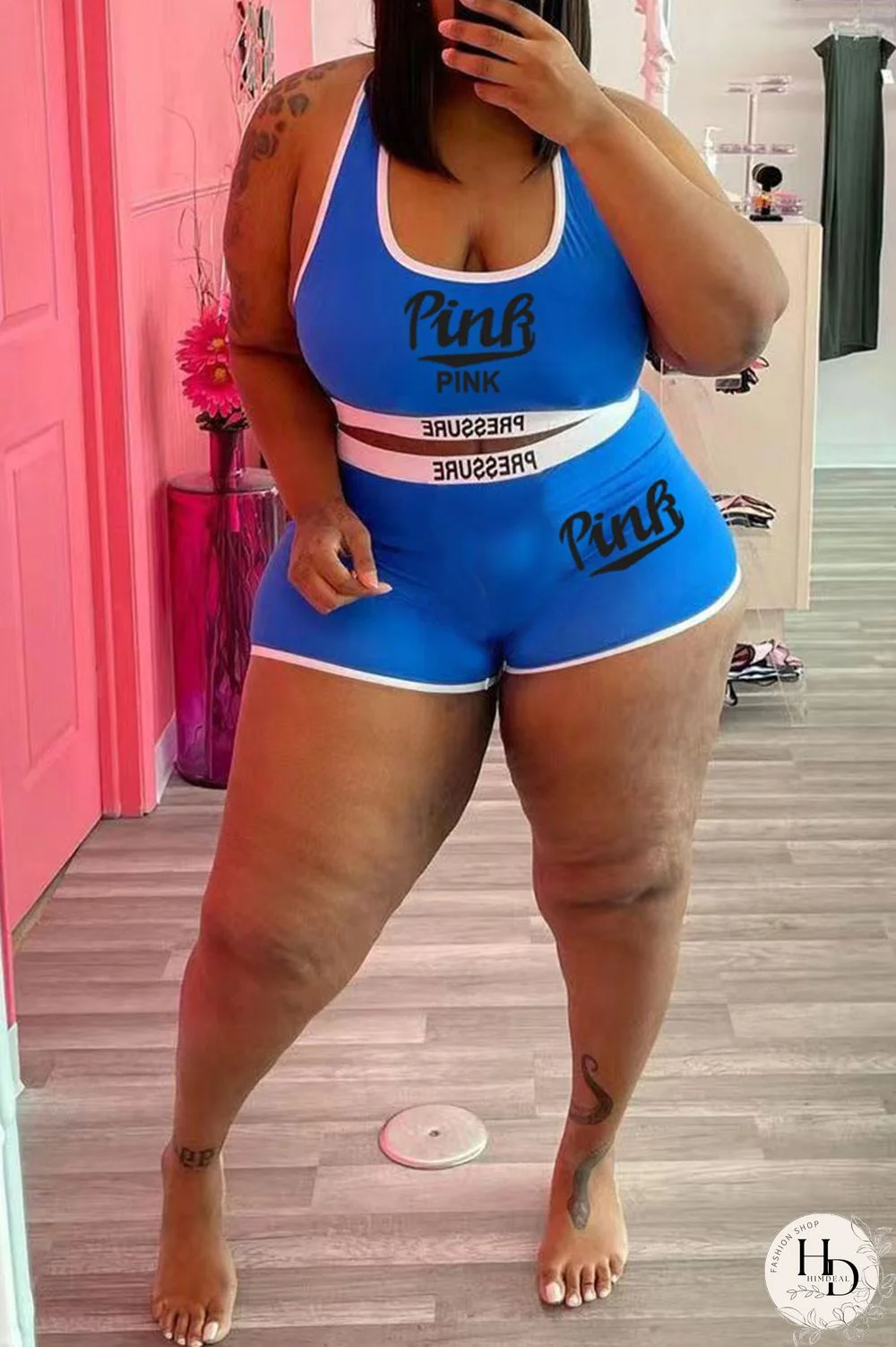 Blue Casual Letter Print Patchwork Spaghetti Strap Plus Size Two Pieces