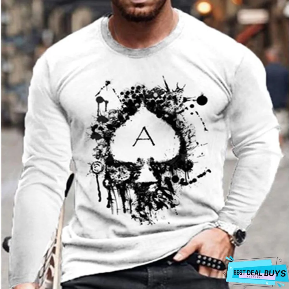 Men's Street Leisure Trend Poker Printed Flower Long Sleeve T-Shirt