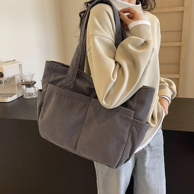 Large Capacity Commuter Simple Fashion Tote Bag For Women Autumn And Winter New Artistic Corduroy Shoulder Handbag