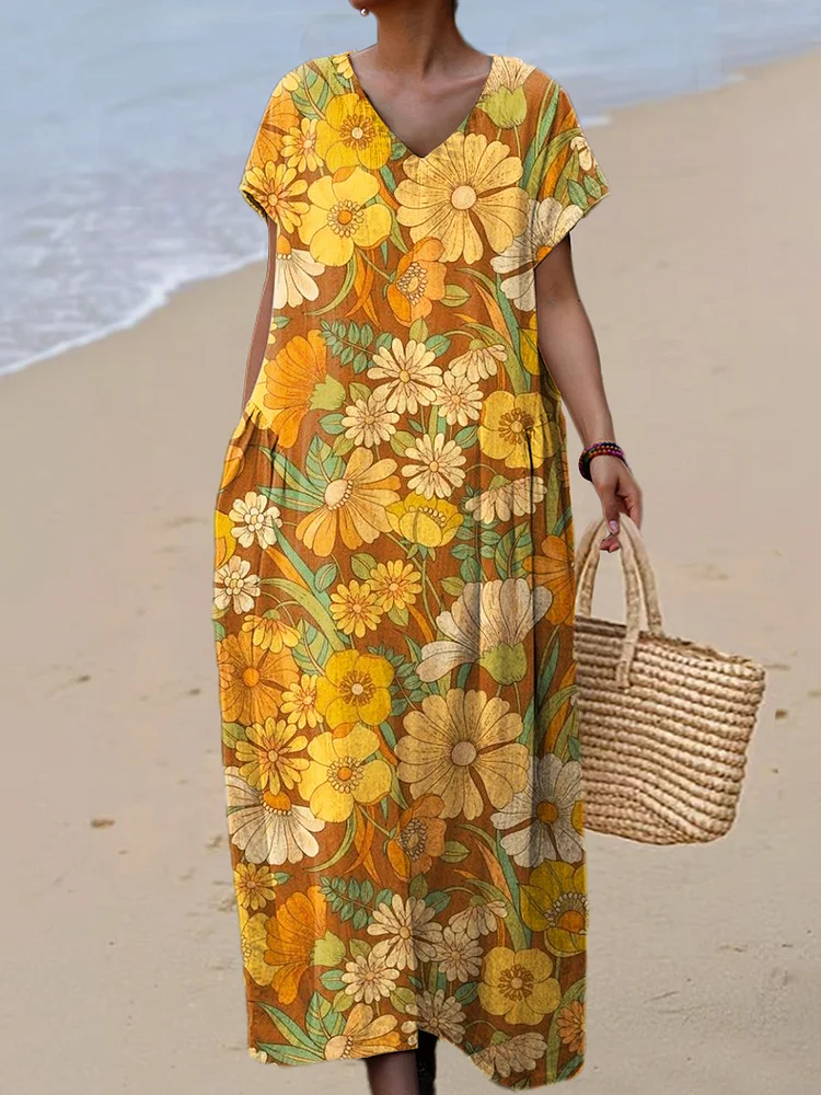 Women's Beautiful Chrysanthemum Flowers Painting Art Print Linen And Cotton V-neck Dress
