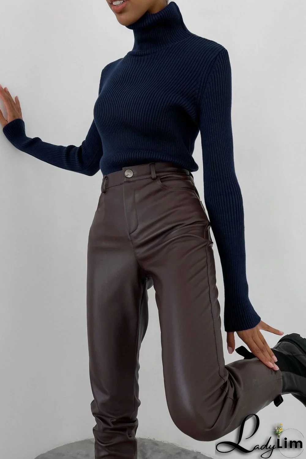 Black Casual Solid Basic Turtleneck Tops