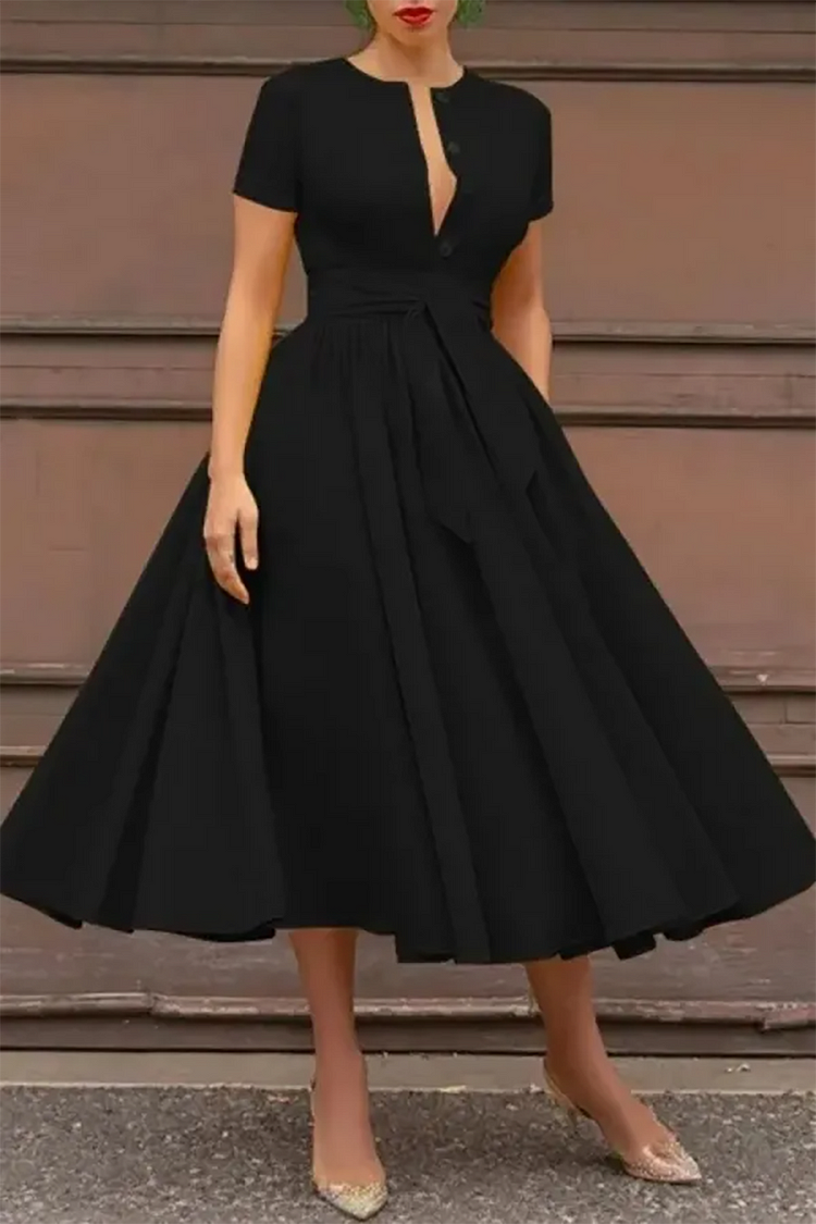 Plus Size Business Casual Dress Black Solid Belt Round Neck A-Line Midi Dress 