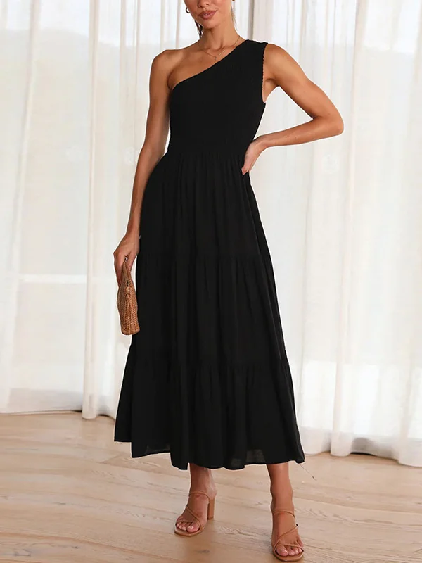 Loose Pleated Solid Color One-Shoulder Midi Dresses