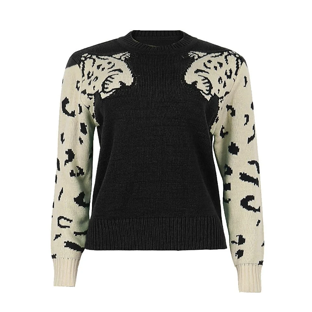 BOHO INSPIRED green leopard sweater for women Female animal print patchwork O-neck long sleeve plus size sweaters jumpers winter