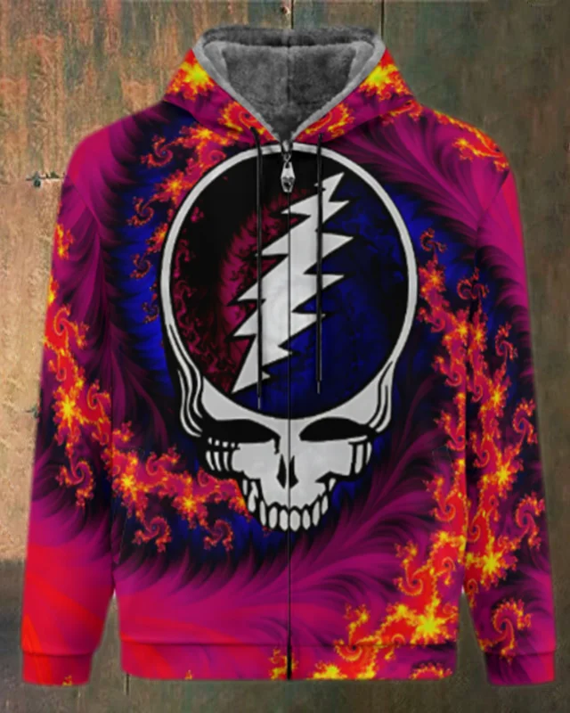 Unisex Skull Print Double Layer Fleece Zip-Up Hooded Jacket