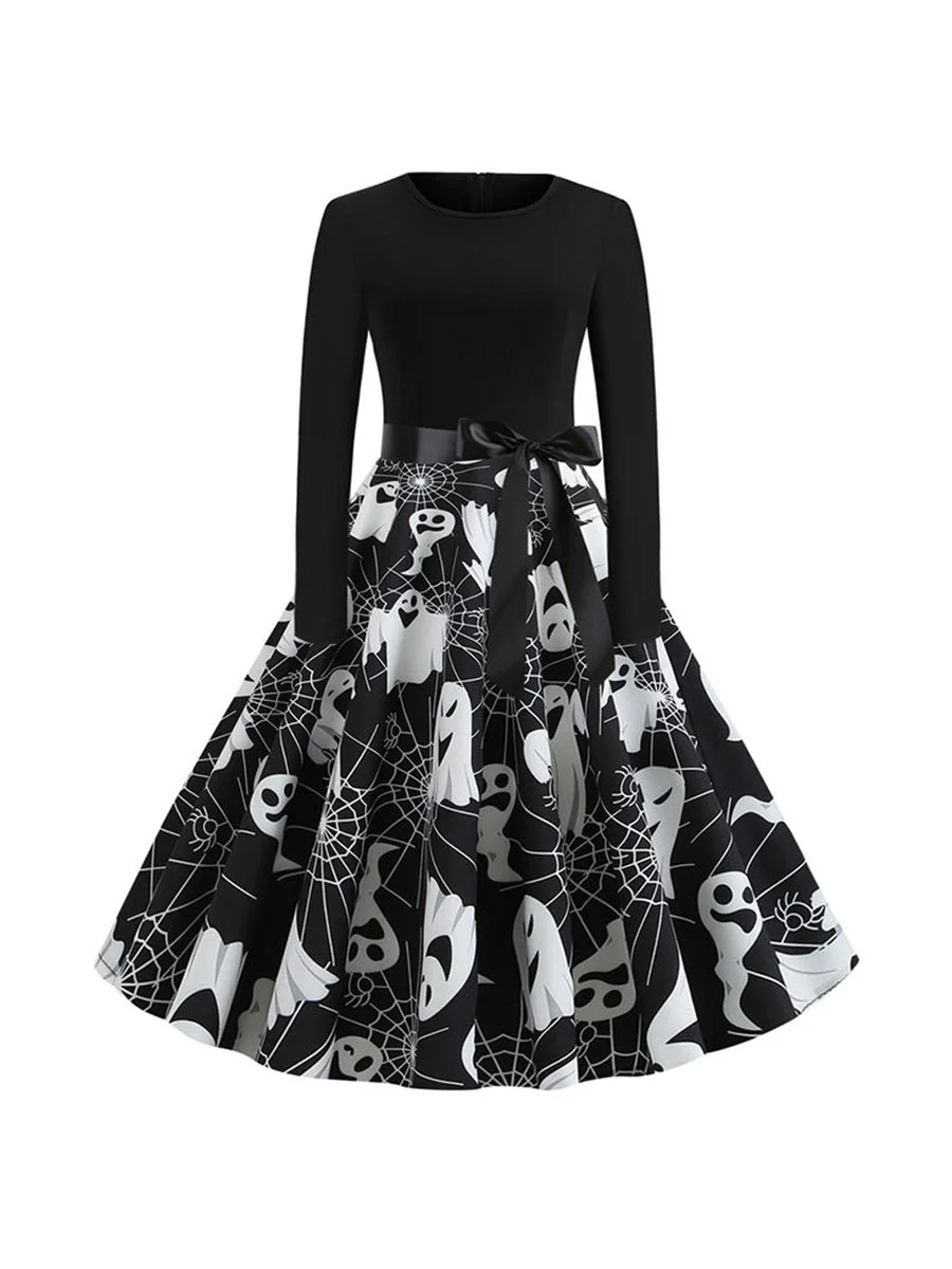 Halloween Long Sleeve Dress Pumpkin Print High Waist Party Dress