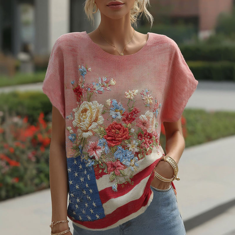  Women's Independence Day Flag Floral Print Anniversary T-shirt Westsshops