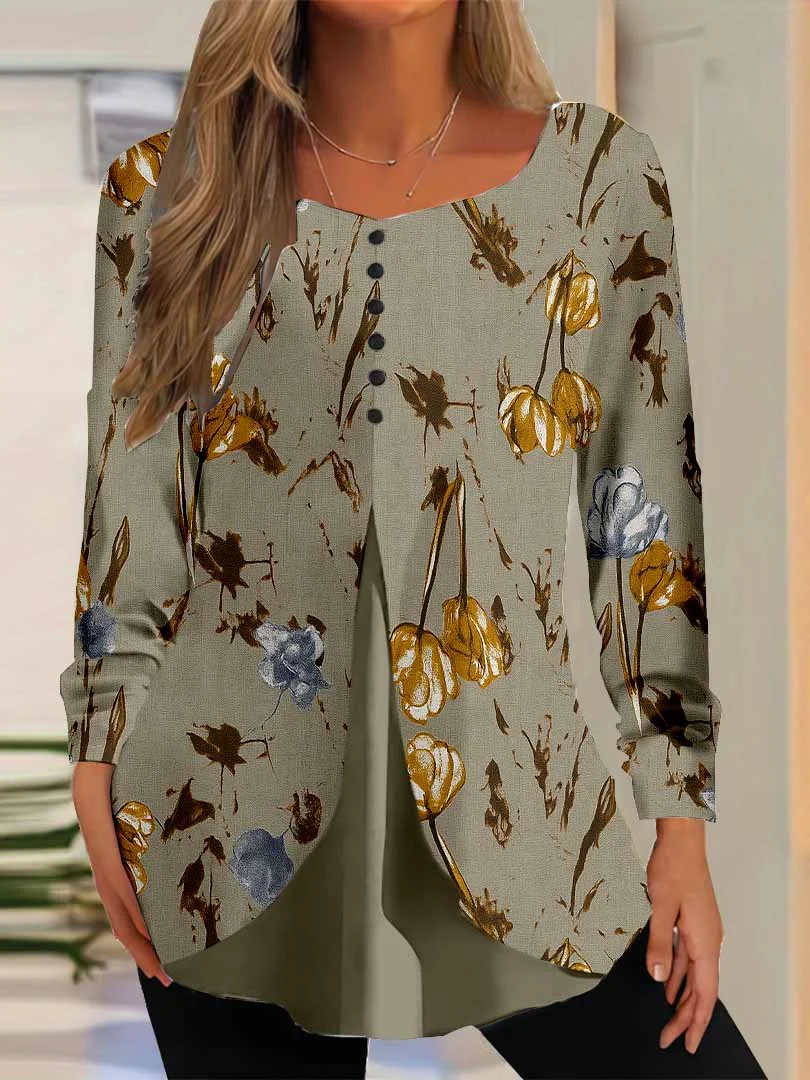 Women Floral,Brown DZGG8276 Long Sleeve Scoop Neck Printed Graphic Button Fake 2in1 Tops