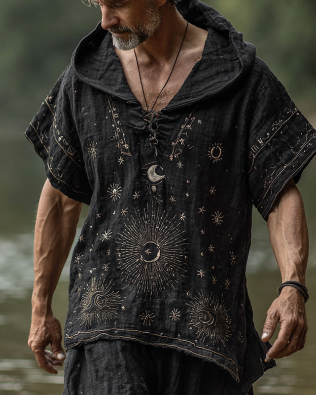 Men's star and moon embroidered short-sleeved hooded top  f519