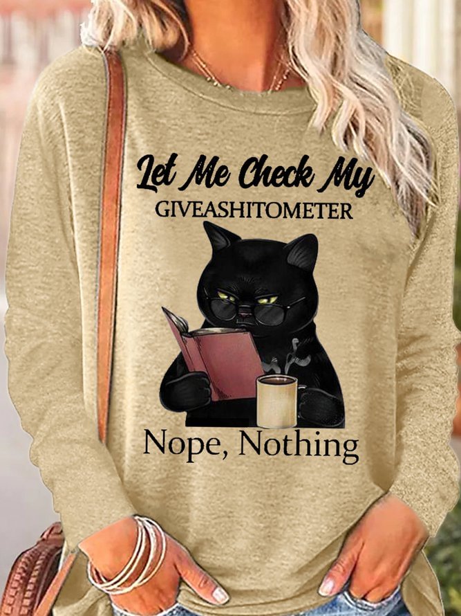Womens Funny Black Cat With Coffee Let Me Check My Giveashitometer Nope Nothing Letter Tops