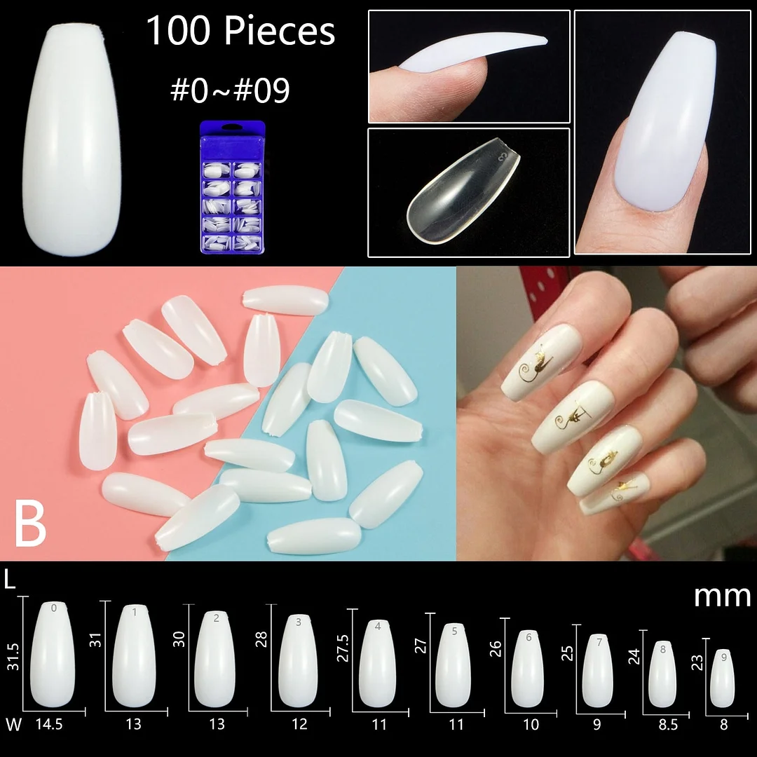 100pcs/set 10 Sizes Full Cover False Nail Tips Ballerina Coffin Fake Nails Square Stiletto French Acrylic Press On Nails-Nail Inspo