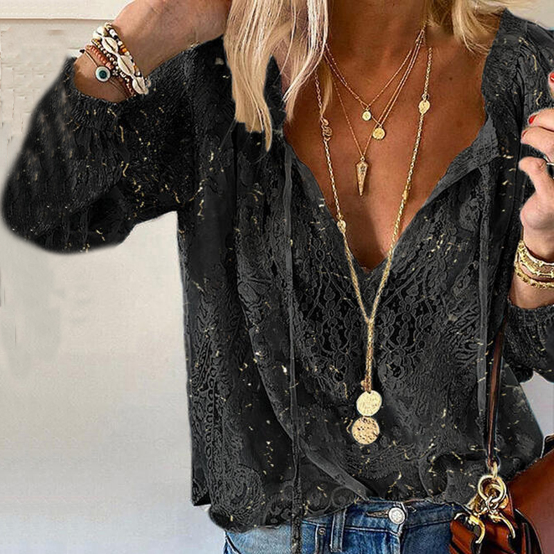 Comstylish Boho Lace Hollow Out V Neck Long Sleeve Top