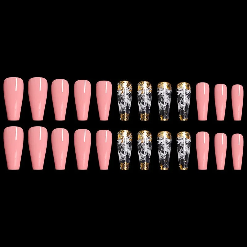 24pcs/set Long Coffin Fake Nails Pre-design Foils Decal Pink Orange Full Cover Nail Art Tips Ballerina Acrylic False Nails 515-Nail Inspo