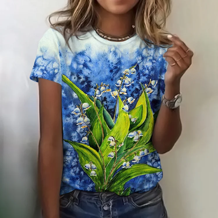 Simpfit Damen Glockenblumen-Ölgemälde-Kunst, kurzärmeliges T-Shirt