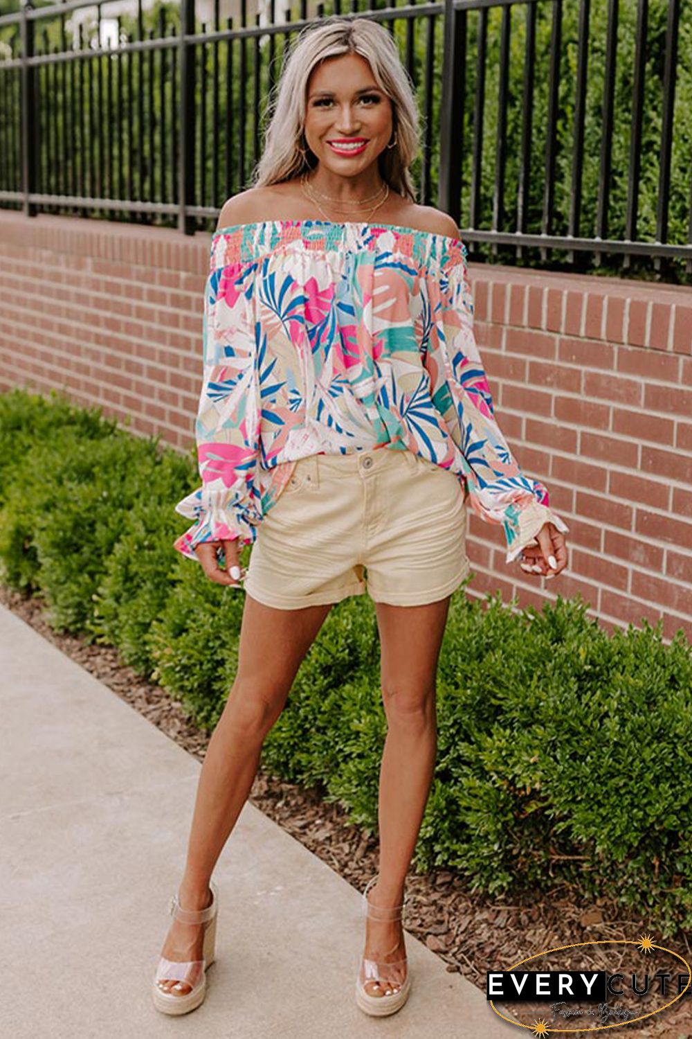 Multicolor Floral Print Off Shoulder Blouse